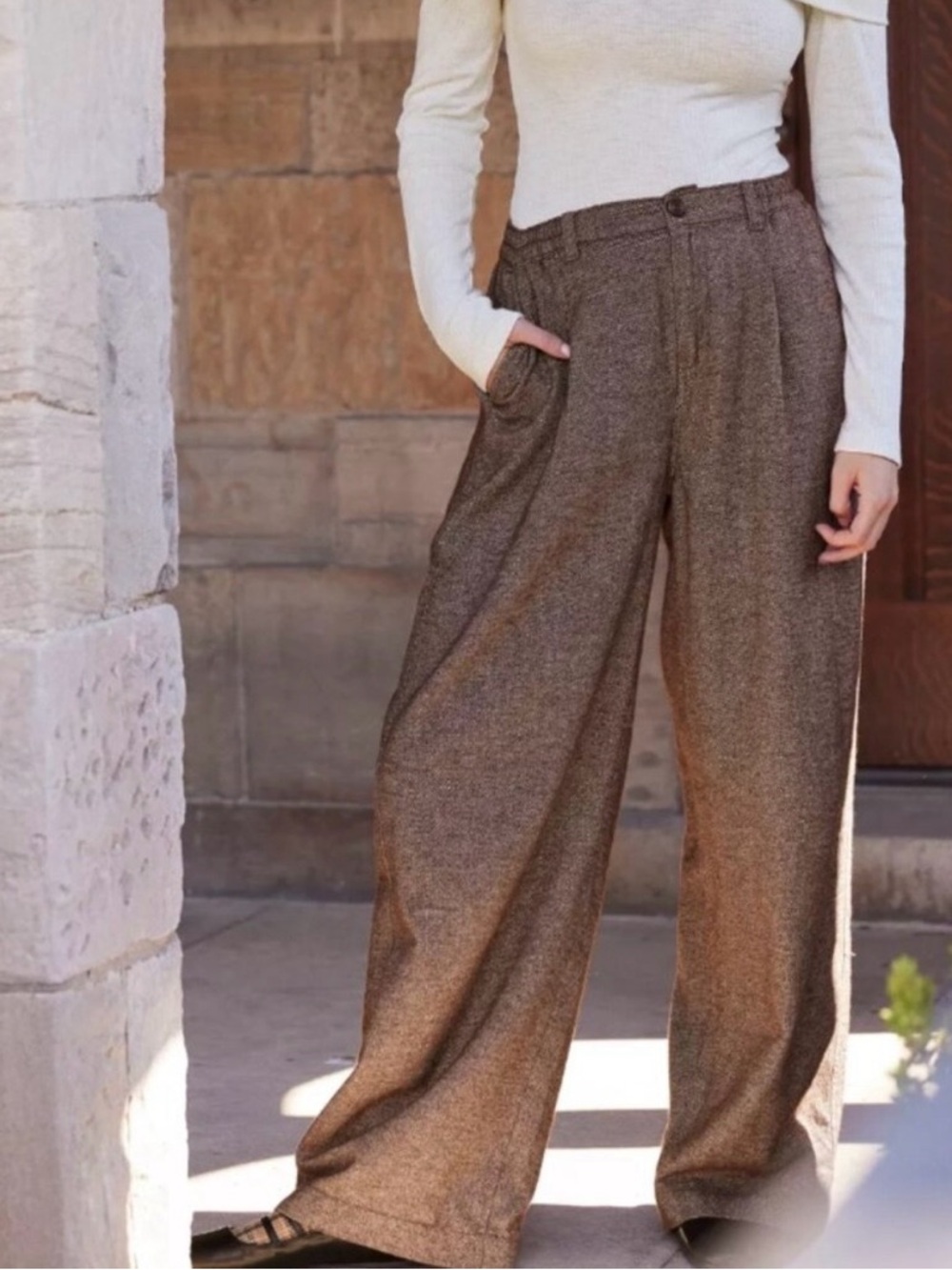 aerie Wide-Leg High-Waist Pants in Brown Tweed new without tags